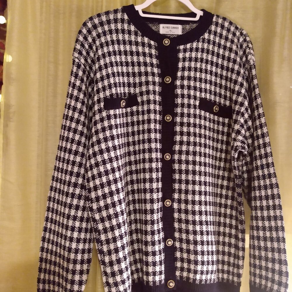 Alfred Dunner Houndstooth Plaid Cardigan Navy Blue & White XL